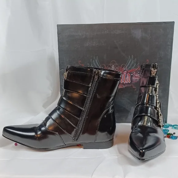 Gothic Beauty, Shiny Black Demonia Skull Buckle Pike Boots Low Heel Pointed Toe - Picture 3 of 8